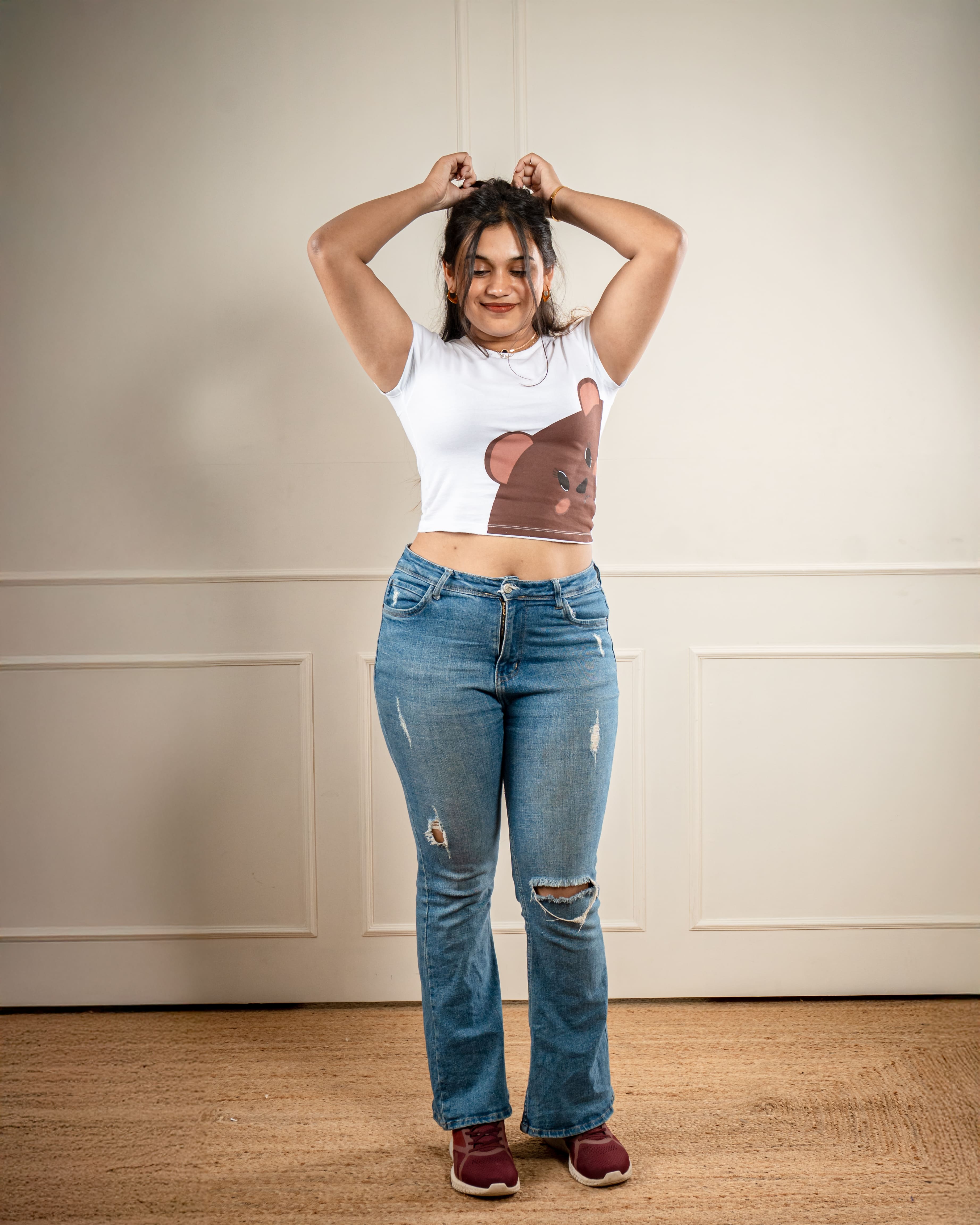Teddy Brown Crop Top: Cute Casual Art Print Top - White