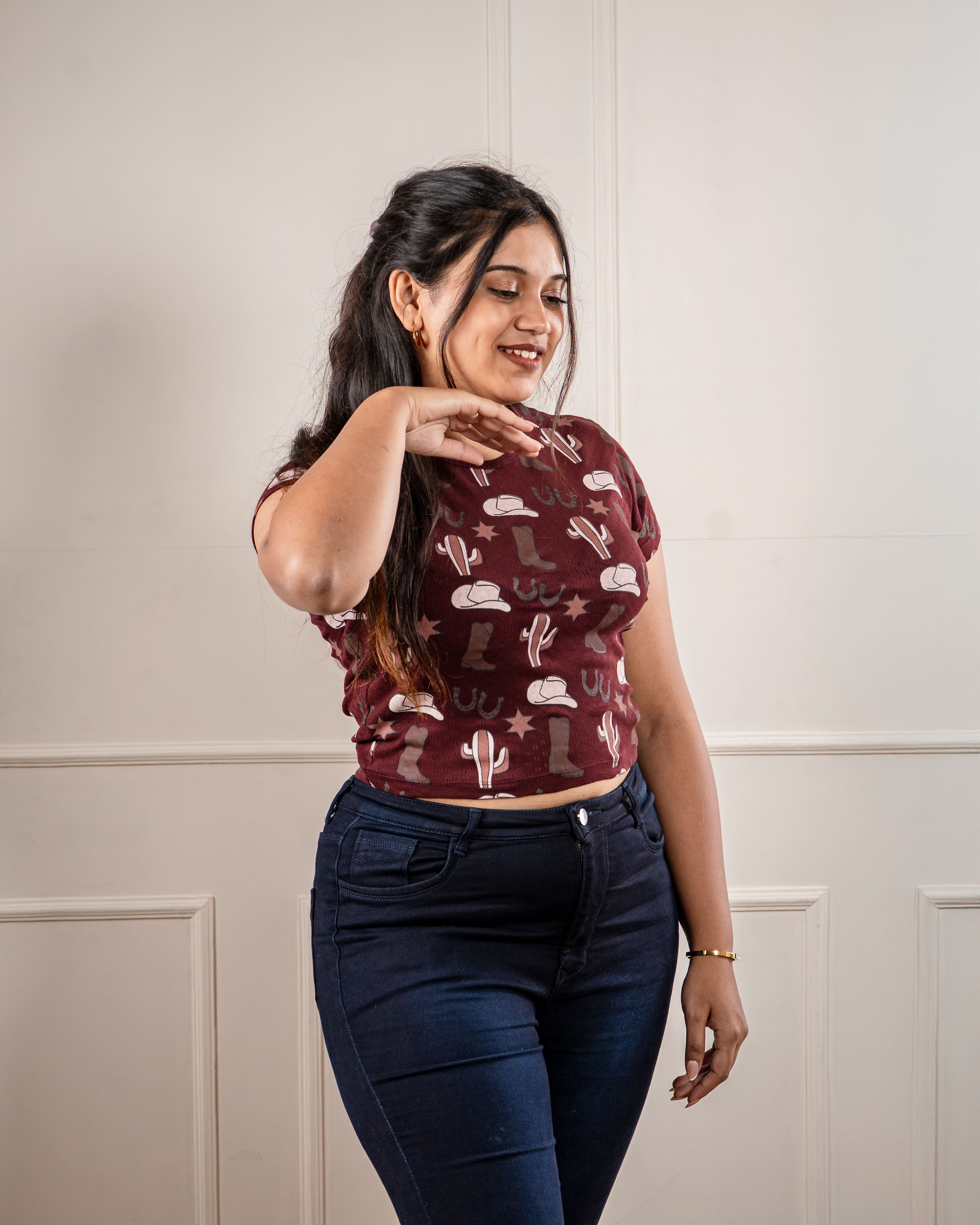 Retro Brown Crop Top: Cowboy Western Chic Look - Brown