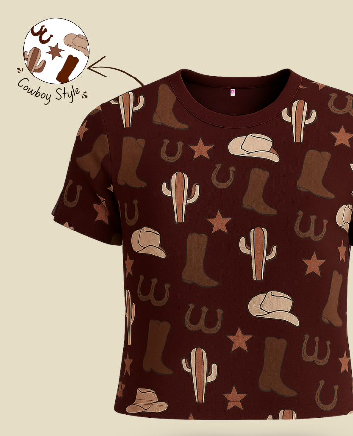 Retro Brown Crop Top: Cowboy Western Chic Look - Brown