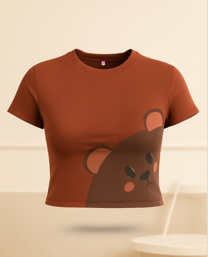 Teddy Brown Crop Top: Cute Casual Art Print Top - Brown