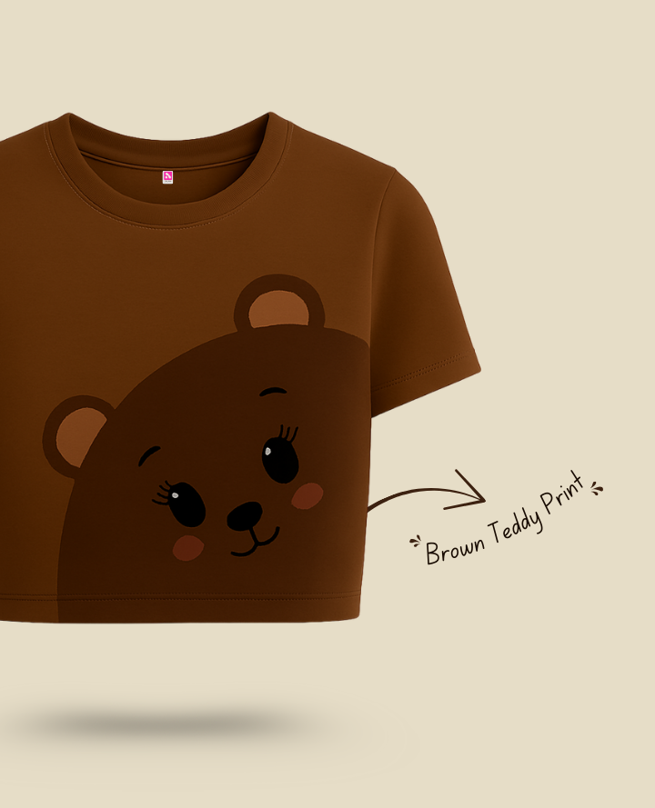 Teddy Brown Crop Top: Cute Casual Art Print Top
