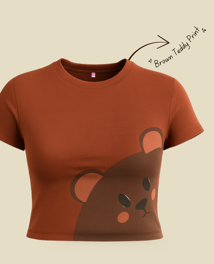Teddy Brown Crop Top: Cute Casual Art Print Top - Brown