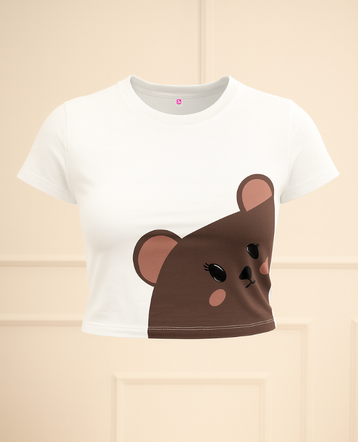 Teddy Brown Crop Top: Cute Casual Art Print Top - White