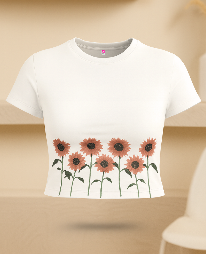 Sunflower Brown Crop Top: Brunch Fit For Spring Vibes - White