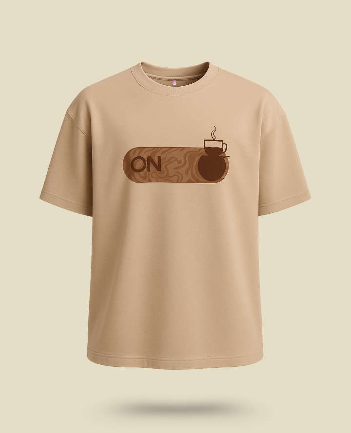 Coffee Mode Brown Tee: Oversized Cup Comfort Vibe - Brown