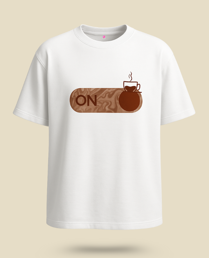 Coffee Mode Brown Tee: Oversized Cup Comfort Vibe - White
