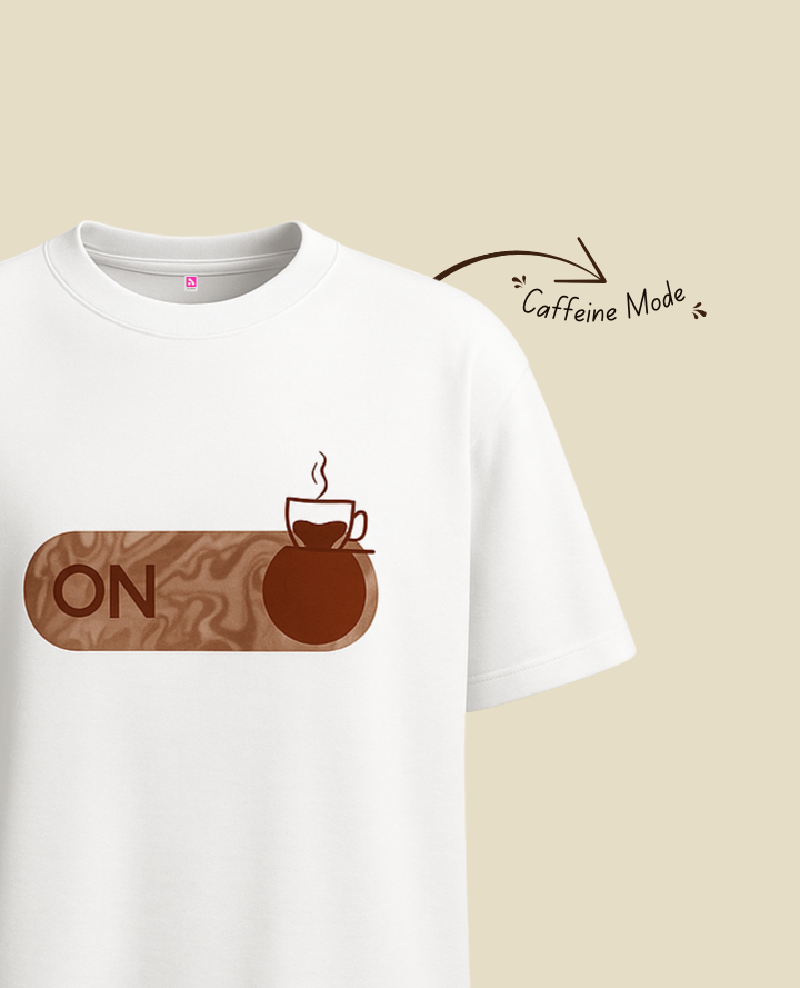 Coffee Mode Brown Tee: Oversized Cup Comfort Vibe - White