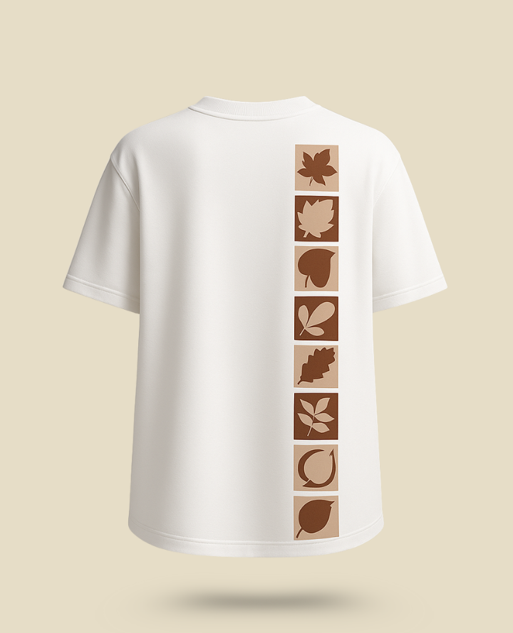 Leaf Shadow Brown Tee: Minimal Print Oversized Fit - White