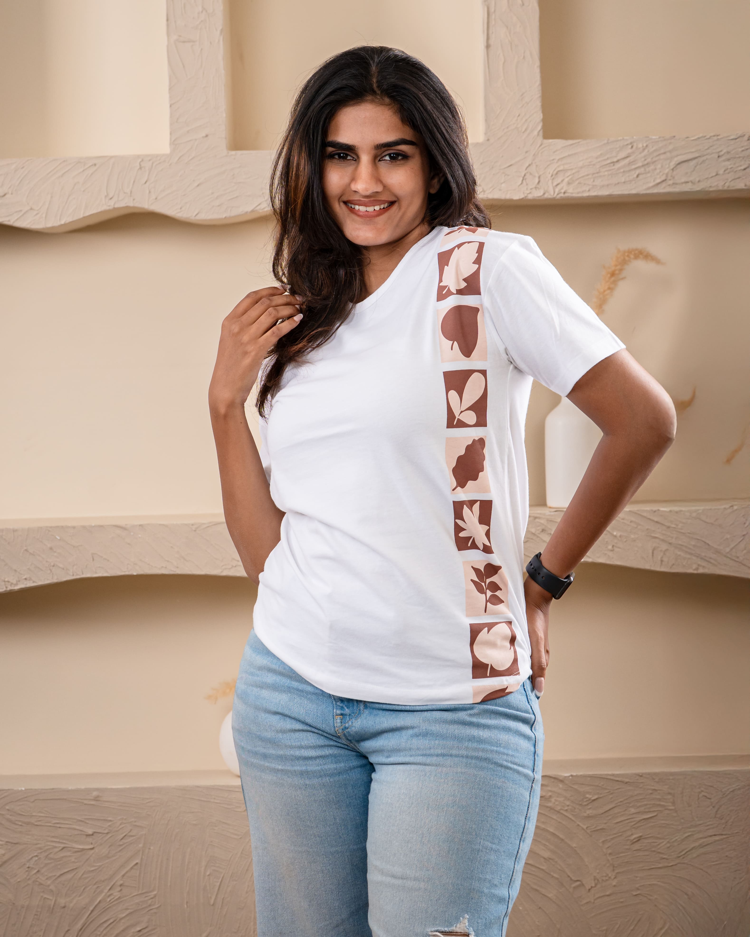 Leaf Shadow Brown Tee: Minimal Print Oversized Fit - White