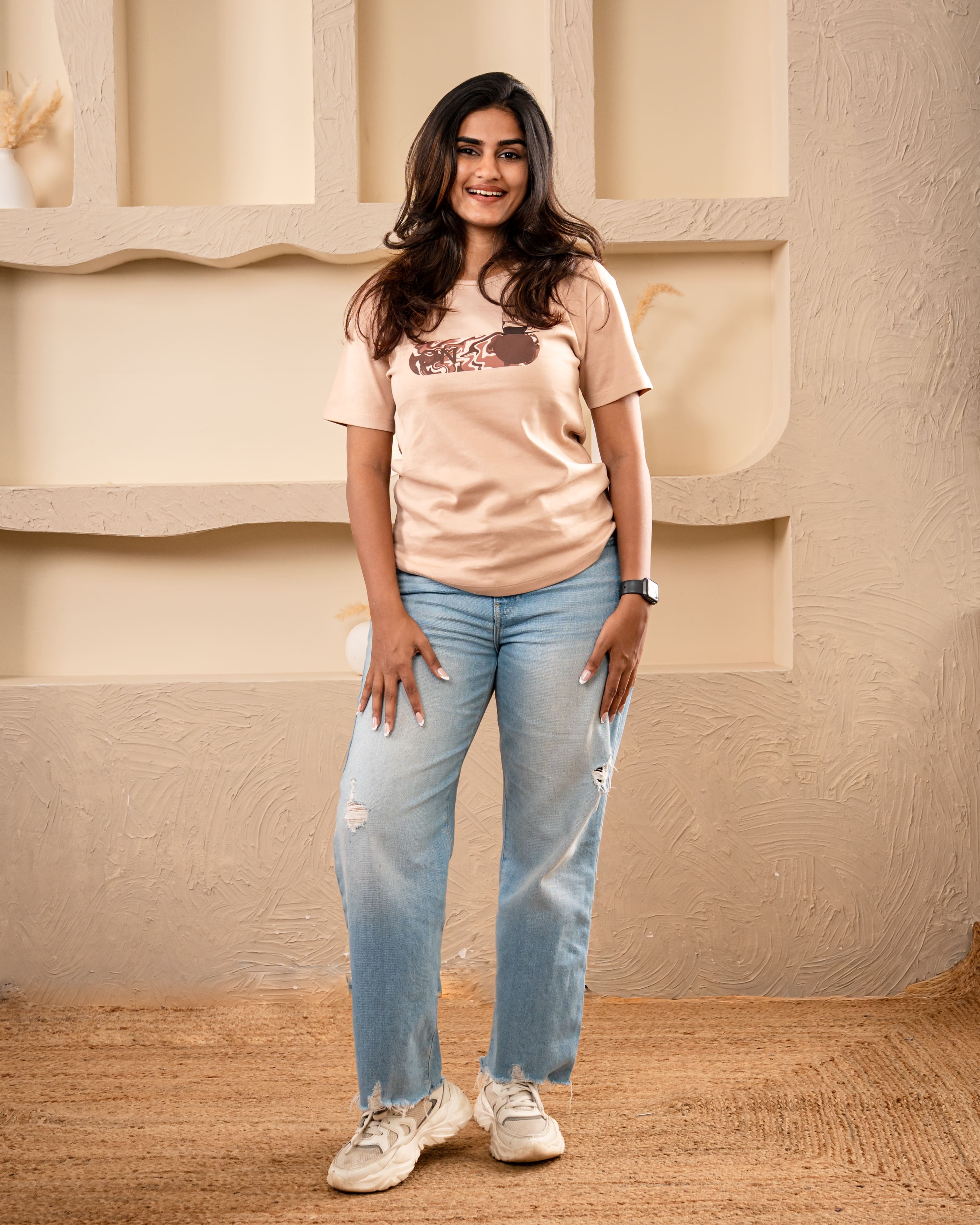 Coffee Mode Brown Tee: Oversized Cup Comfort Vibe - Brown