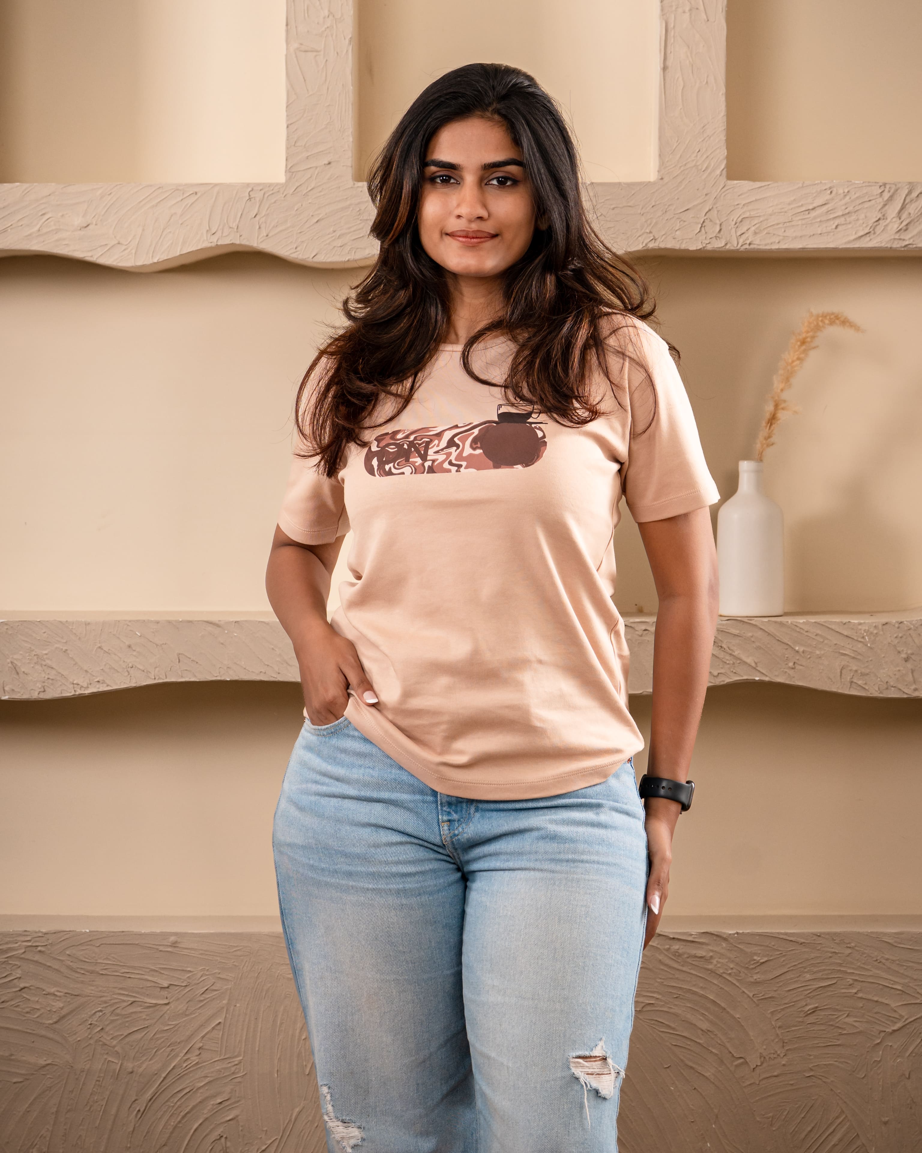 Coffee Mode Brown Tee: Oversized Cup Comfort Vibe - Brown