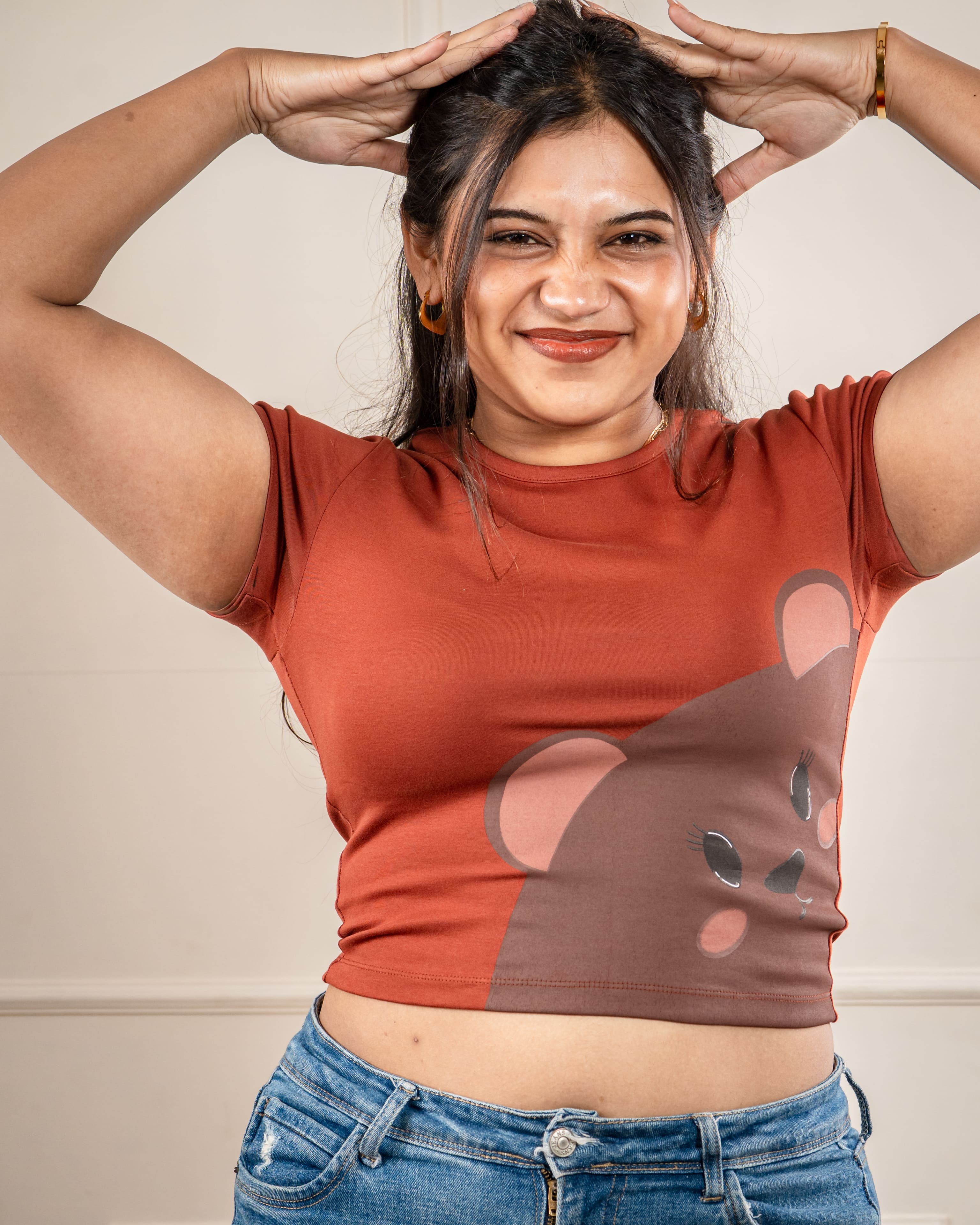 Teddy Brown Crop Top: Cute Casual Art Print Top