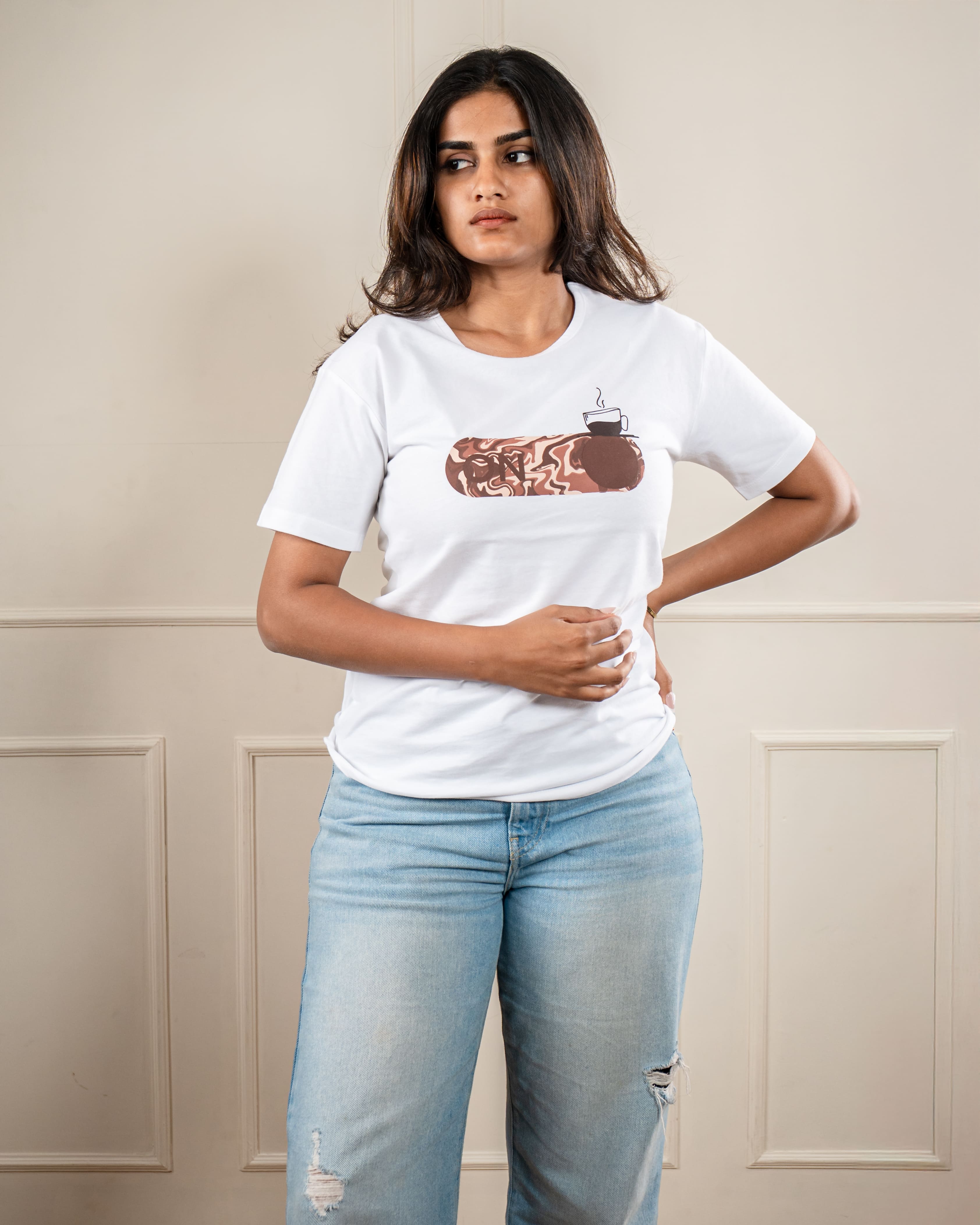 Coffee Mode Brown Tee: Oversized Cup Comfort Vibe - White