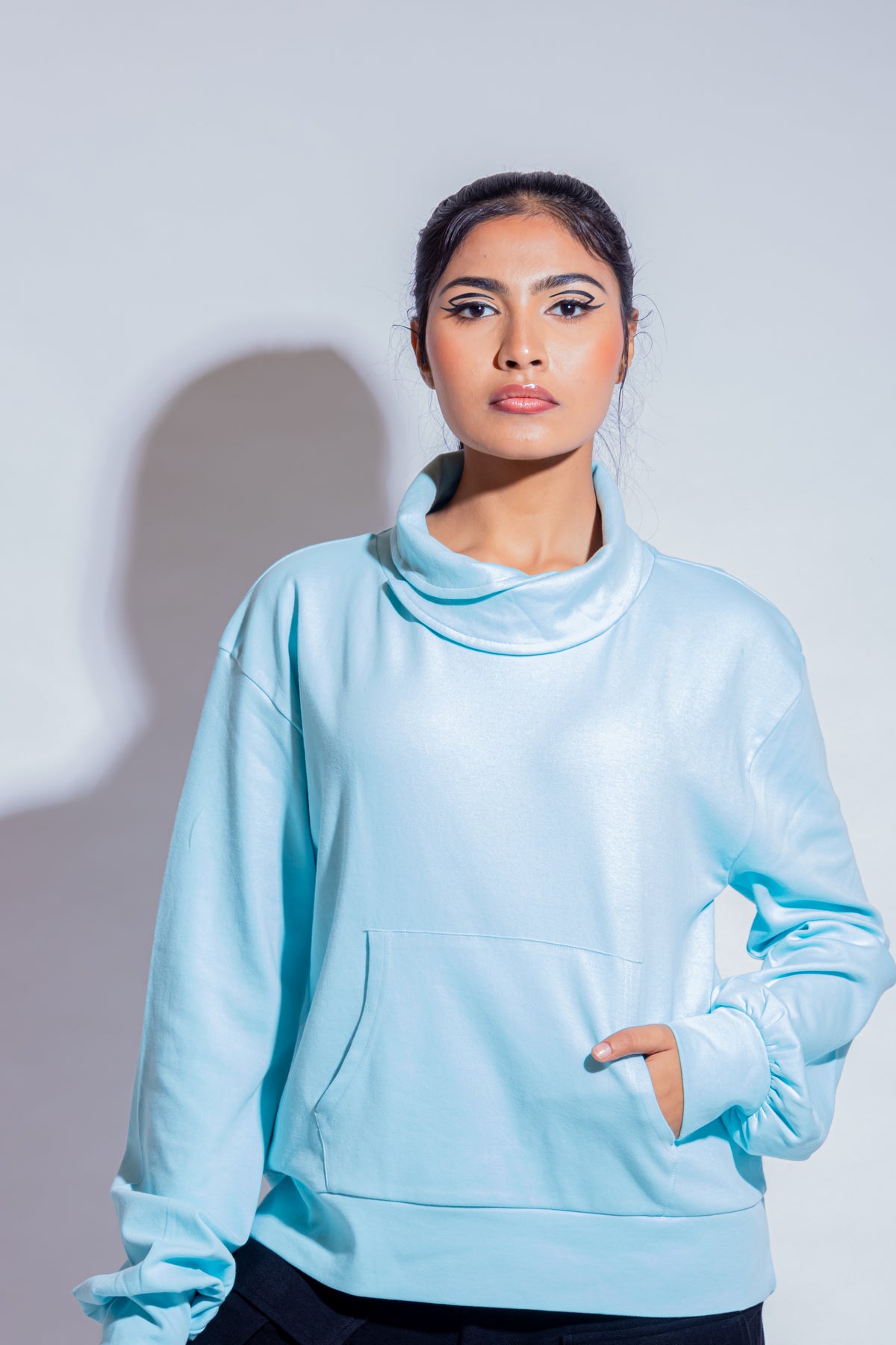 Dautee Cowl Neck Oversized Hoodie - Blue