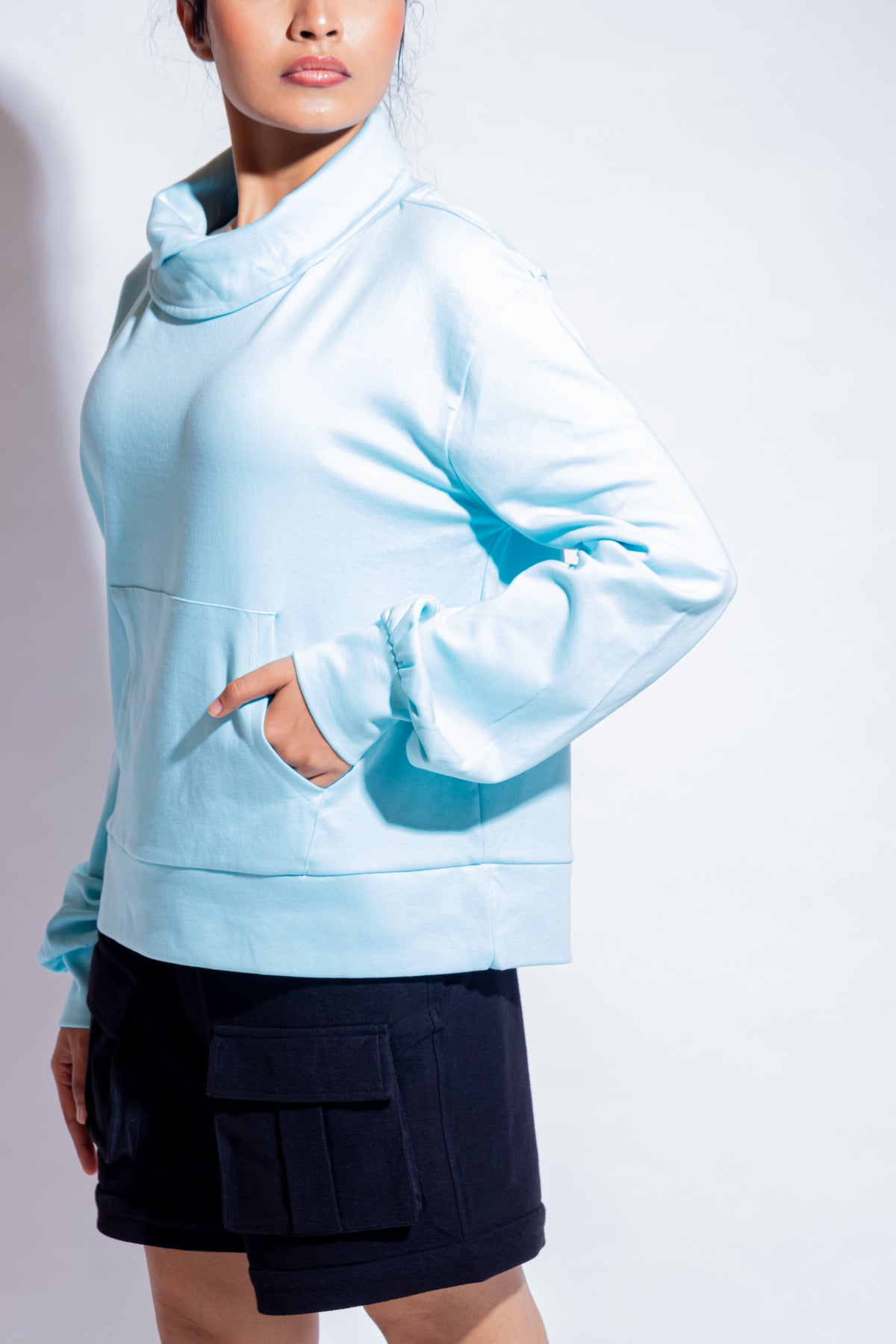 Dautee Cowl Neck Oversized Hoodie - Blue