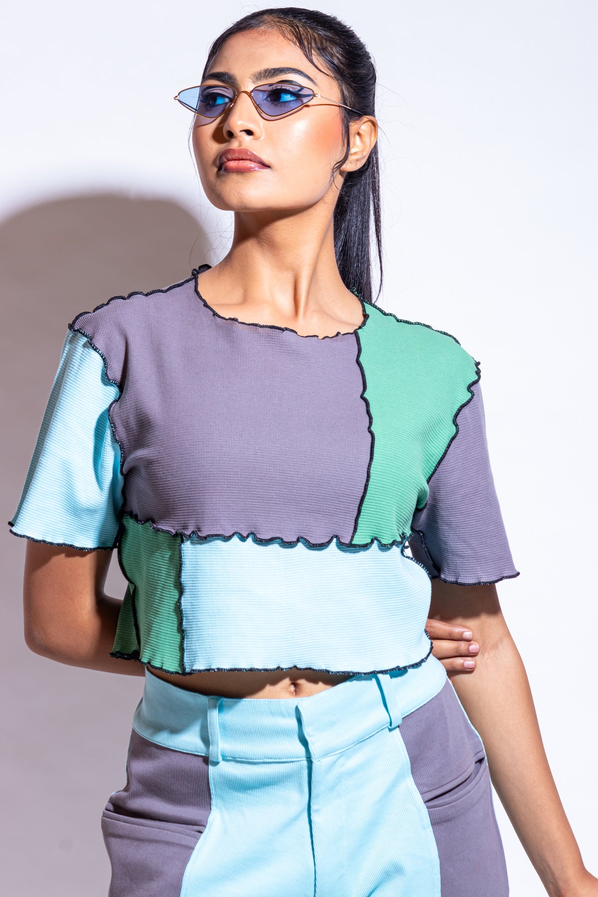 Dautee Color Block Classic Crop Top - Blue