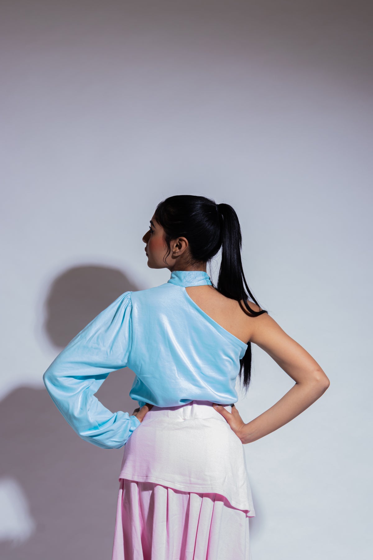 Dautee Puff Sleeve Neck Tie Crop Top - Blue