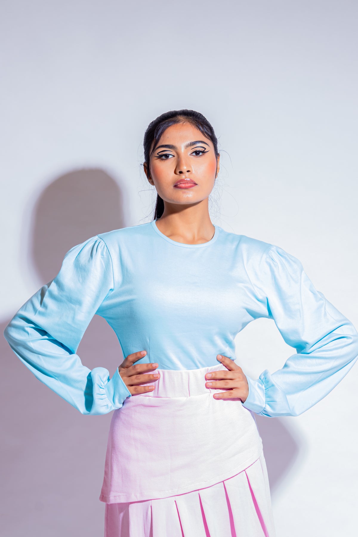 Dautee Puff Sleeve Neck Crop Top - Blue